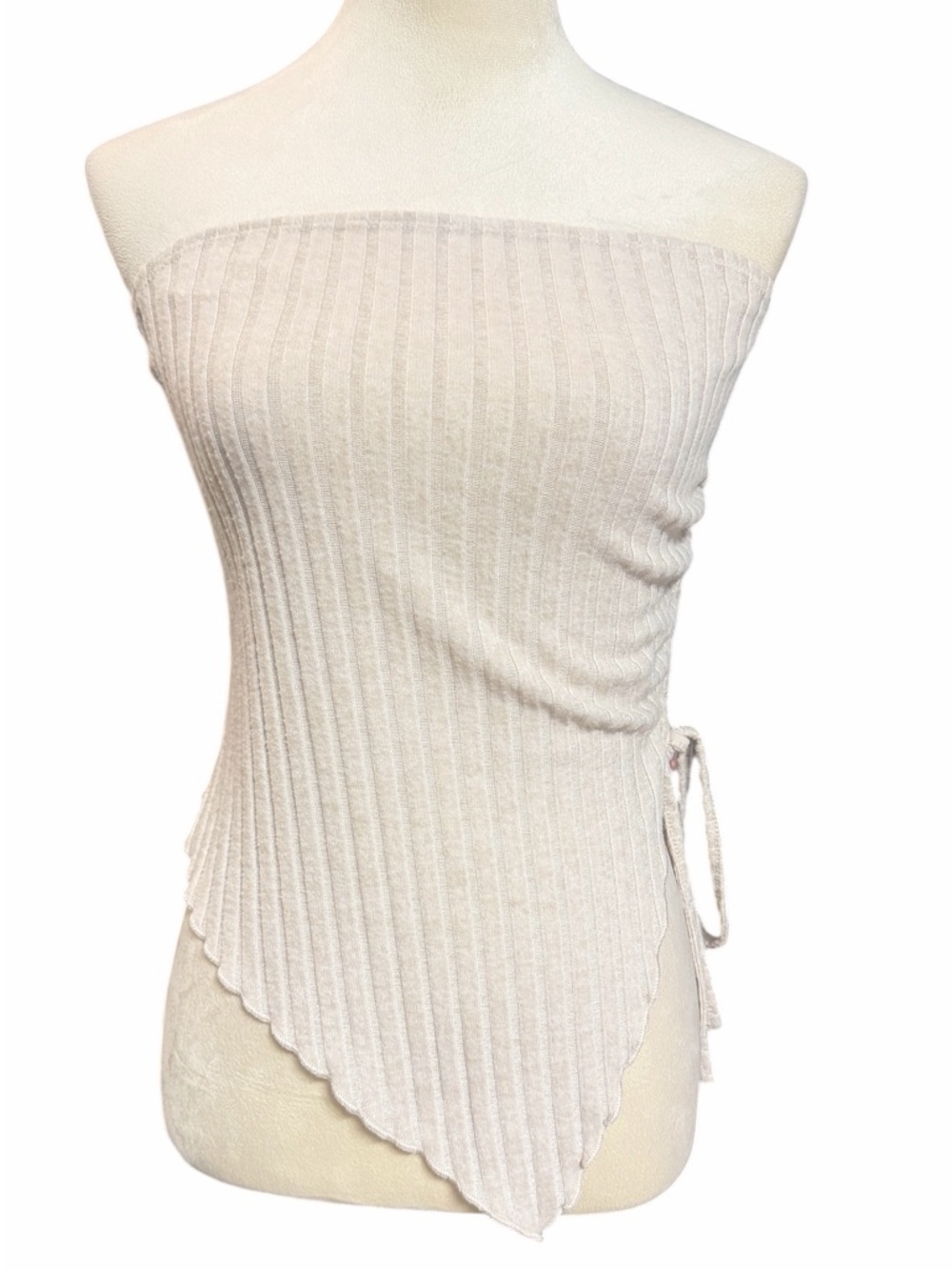 SHEIN Beige Ribbed Strapless Asymmetric Crop Top